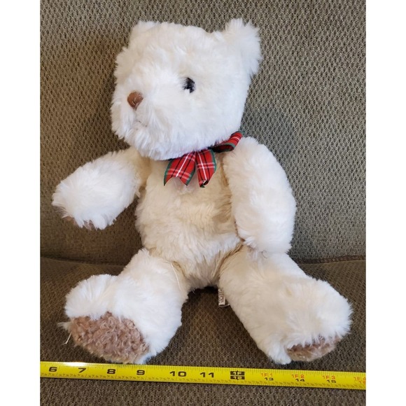 Chosun International Inc. White Bear Plush Toy with Red Plaid Bow Rare HTF - Picture 9 of 10